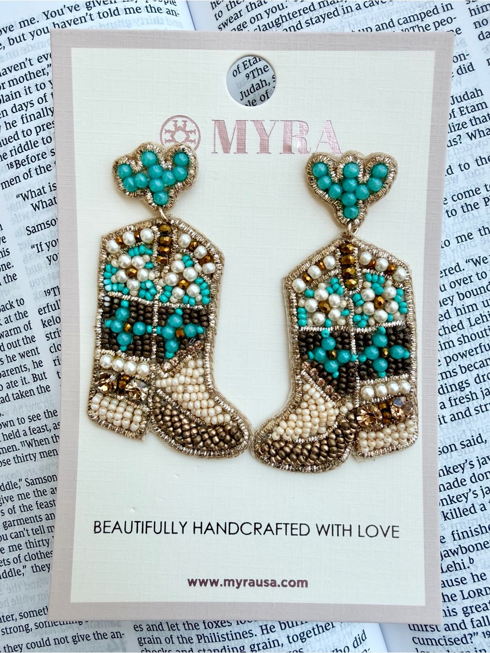 Myra Western Cowboy Boot Beaded Statement Earrings Turquoise